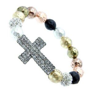 Metal Hammered Multicolor Beaded Crystal Cross Bracelet